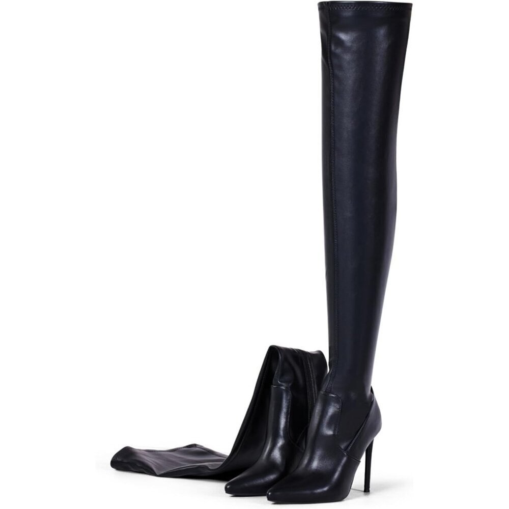 Women Black Matte Suede Pointed Toe 4.3 inch Stilettos Thigh High Heels Boots